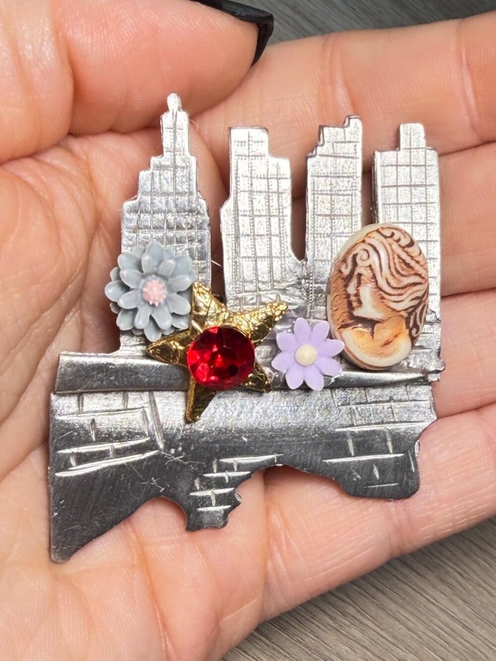 Cityscape Brooch UltraCraft Vintage Handmade Upcycled Cameo Flower Pin